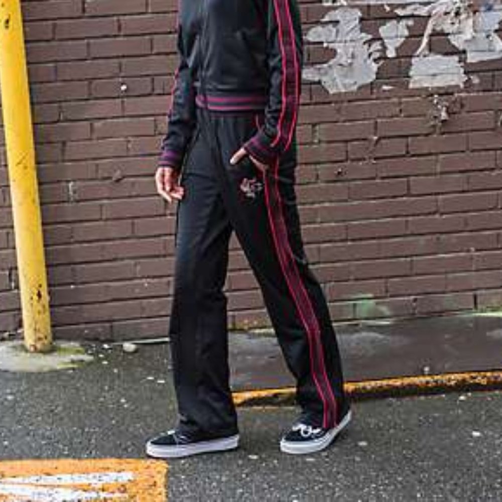 NWT Champion Black Maroon Embroidered Wide Leg Track Pants Medium